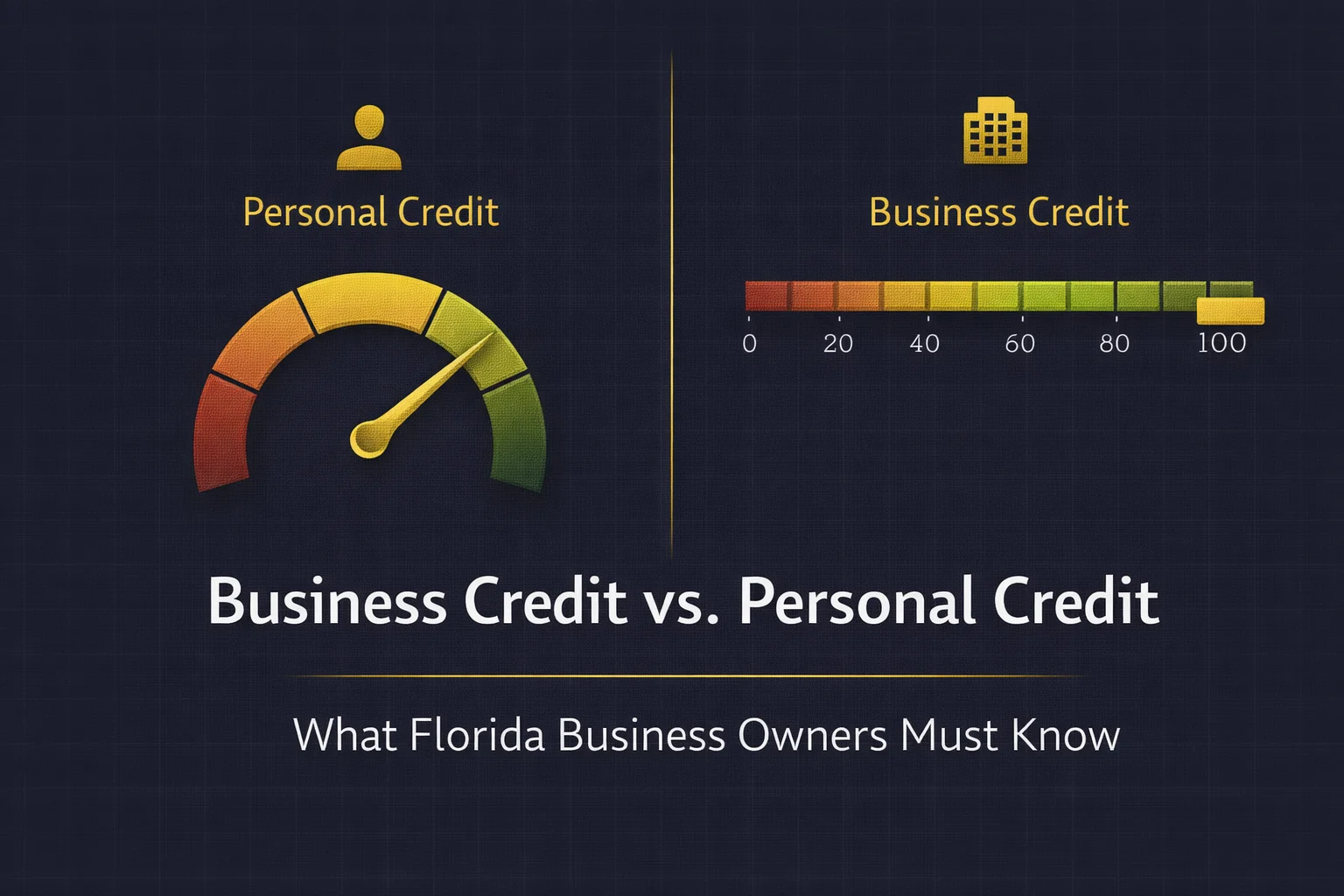 Business credit vs. personal credit in Florida — infographic comparing FICO score and Paydex score for business owners