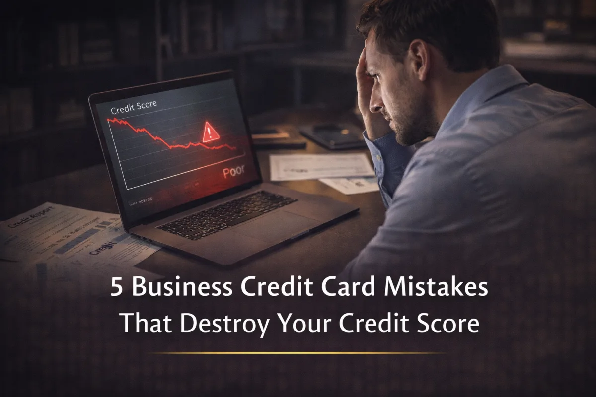 Business owner reviewing credit card statements with declining credit score