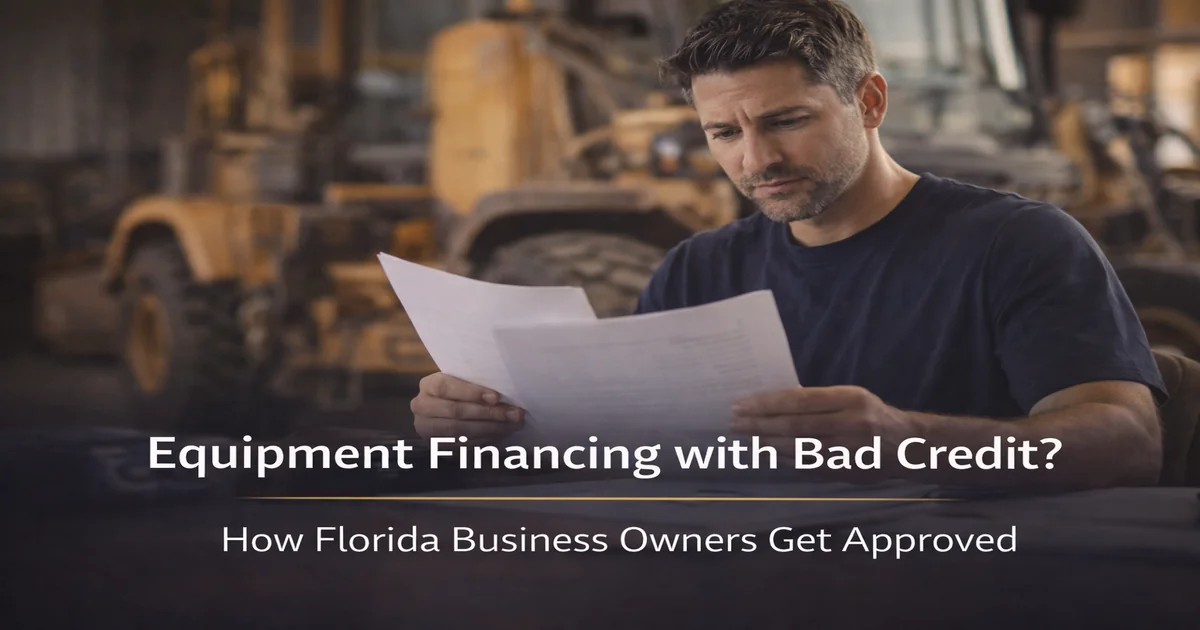 Florida business owner reviewing equipment financing paperwork with construction machinery in background