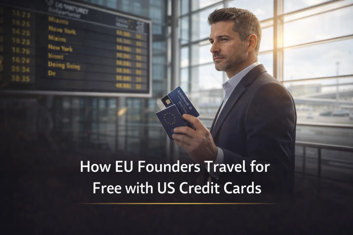 European entrepreneur at airport with US credit card for free travel