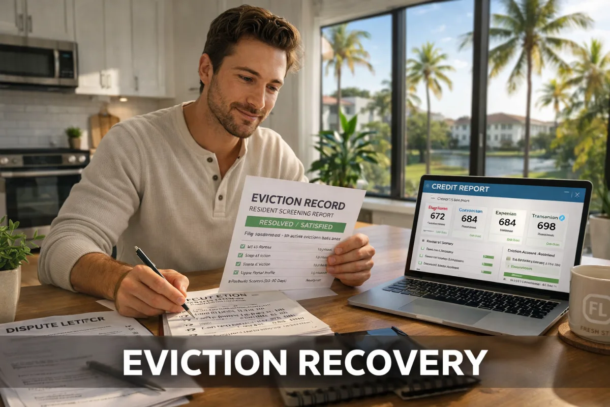 Florida renter reviewing eviction record and credit report to plan recovery