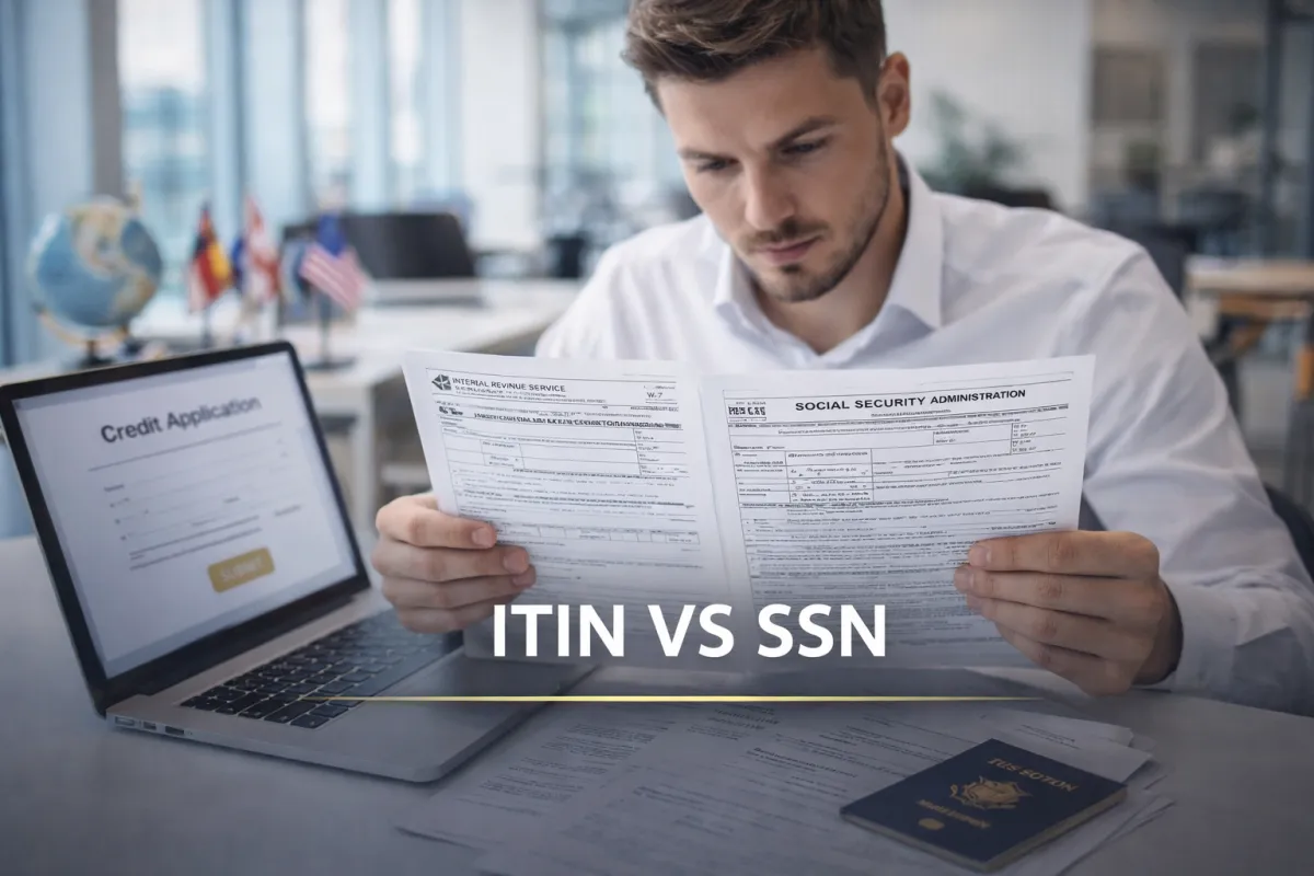 European founder comparing ITIN and SSN documents for US credit