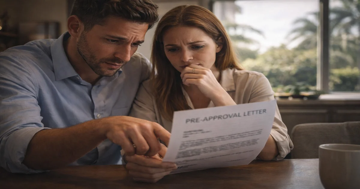 Florida couple reviewing pre-approval letter with concerned expressions after mortgage denial